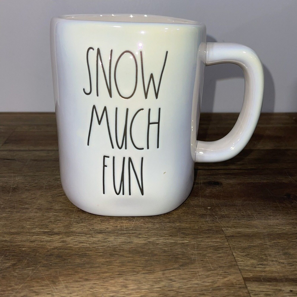 Rae Dunn Magenta Collection Iridescent White Coffee Mug "Snow Much Fun" NWOT